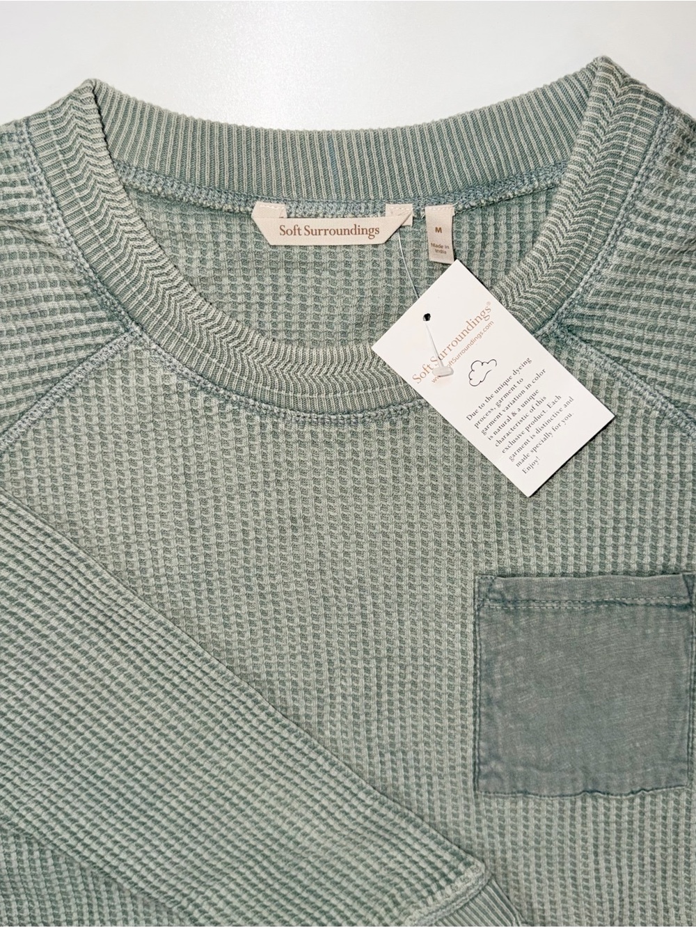 NWT Soft Surroundings Waffle Knit Top Faded Sage Green Pocket Cotton Tunic Sz M - Picture 6 of 13